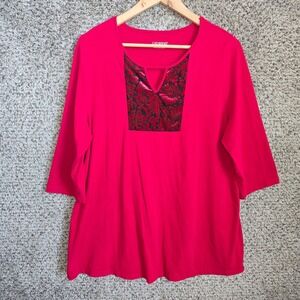 Catherines Top Womens Plus 14/16W Red Floral‎ Velvet Accent 3/4 Sleeve Casual